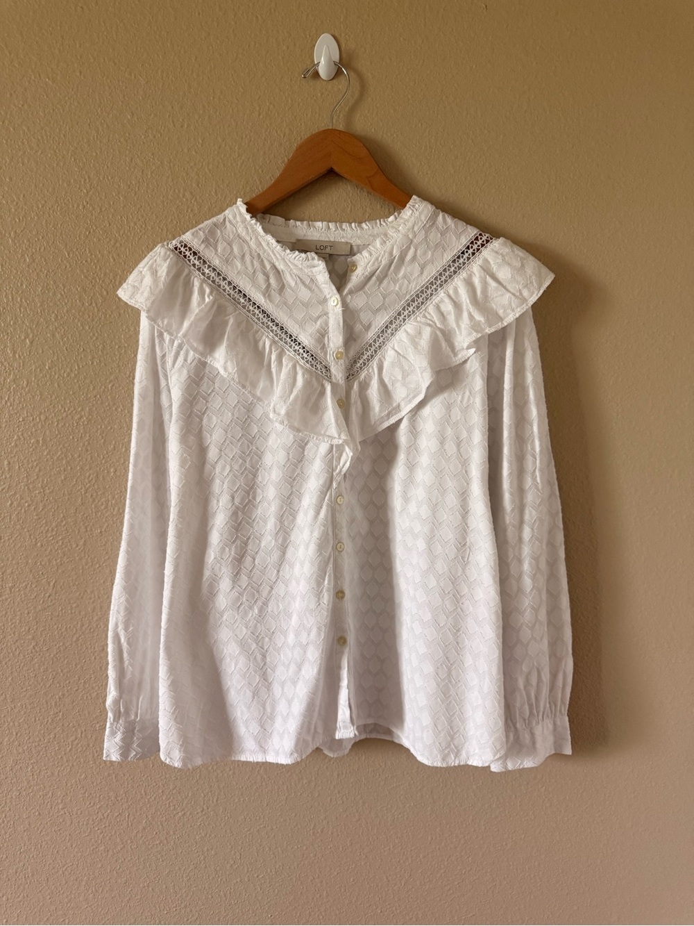 LOFT White Ruffled Lace-Trim Button-Front Blouse - Picture 2 of 5